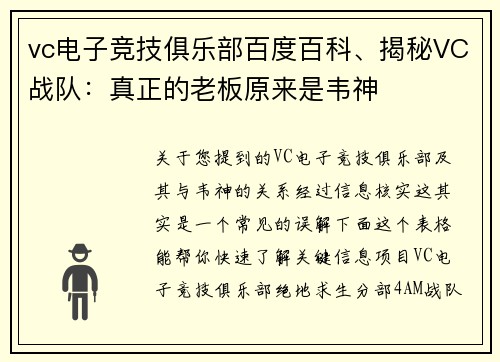 vc电子竞技俱乐部百度百科、揭秘VC战队：真正的老板原来是韦神